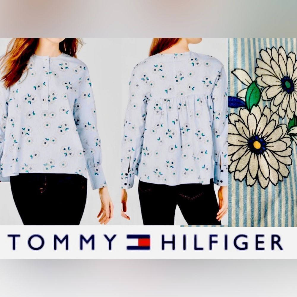 TOMMY HILFIGER CUTE BLUE PINSTRIPE DAISY LONG SLEEVE PULL OVER BLOUSE SIZE L